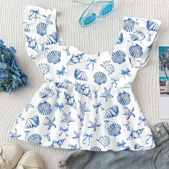 Boho Women's Casual Vacation Style Shell & Ocean print top - Picture 1 of 7